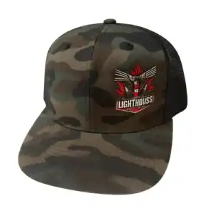 Lighthouse Genetics camo mesh snapback ball cap with embroidered logo