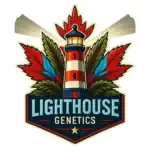 Lighthouse Genetics official logo with lighthouse and maple leaf on dark background