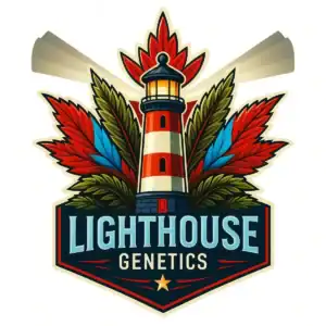 Lighthouse Genetics official logo with lighthouse and maple leaf on dark background