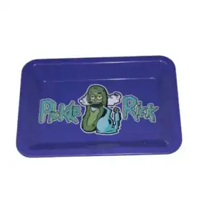 Pickle Rick metal rolling tray with vibrant Pickle Rick design